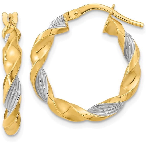 14K Yellow Gold & White Rhodium Polished & Textured Twist Hoop Earrings - 22.15mm- Made In Italy