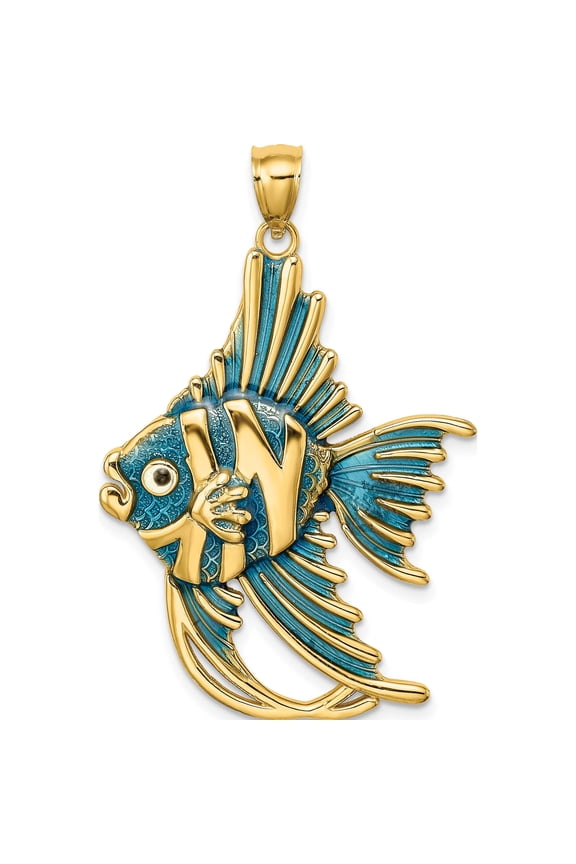 14K Yellow Gold Blue Enameled Large Angelfish Charm