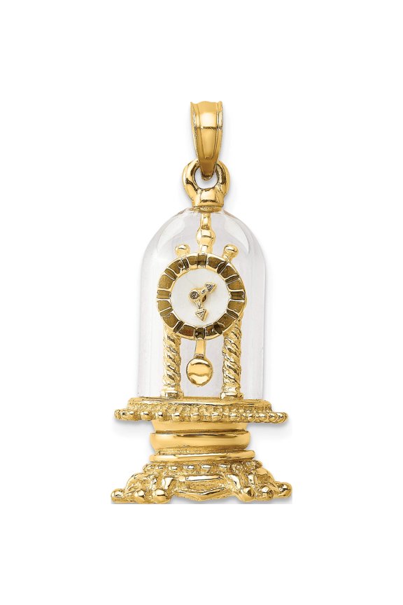 14K Yellow Gold With Enamel 3-D Moveable Clock In Glass Dome Charm (21.5 X 13.35) Made United States k7283