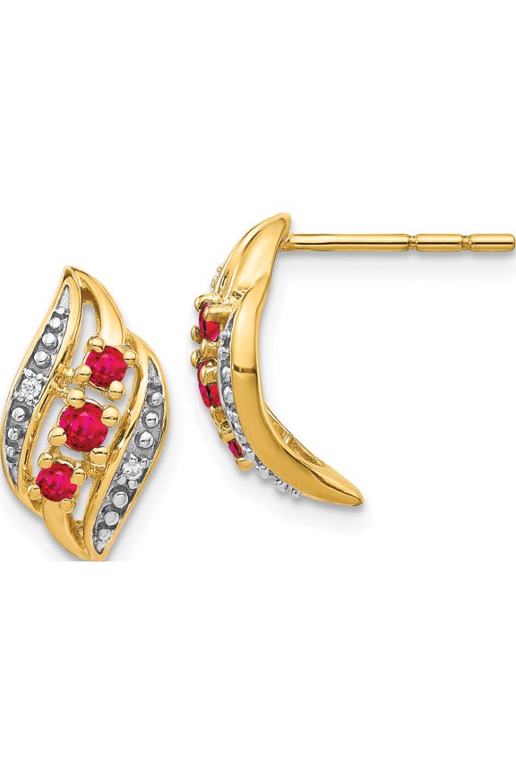 14K Yellow Gold With Siam Ruby And Diamond Polished Post Earrings (14 X 8) Made In India em5596-ru-002-ya