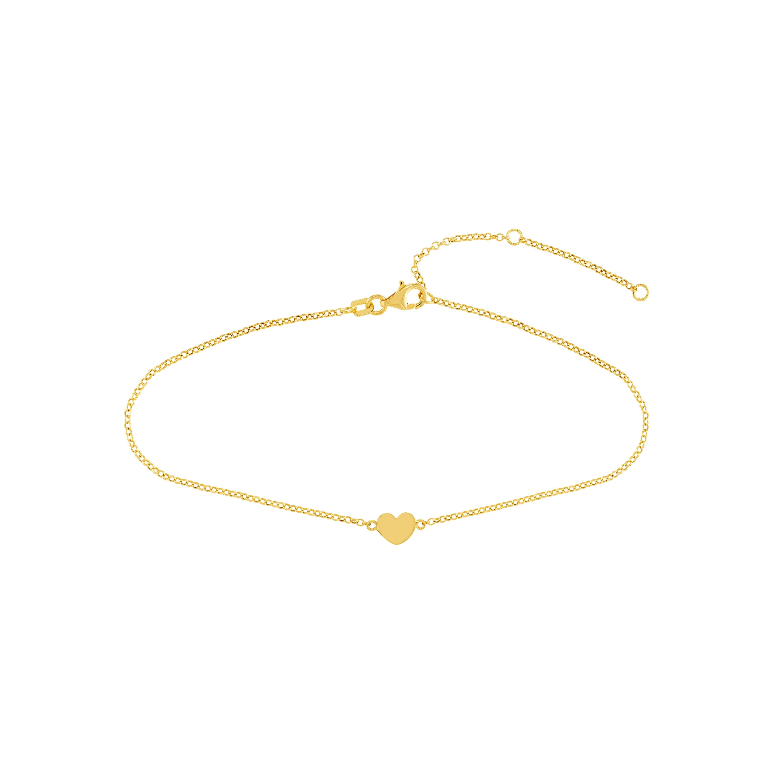 14K Yellow Gold Women's 9"-10" Mini Engravable Heart on a Rolo Adjustable Anklet