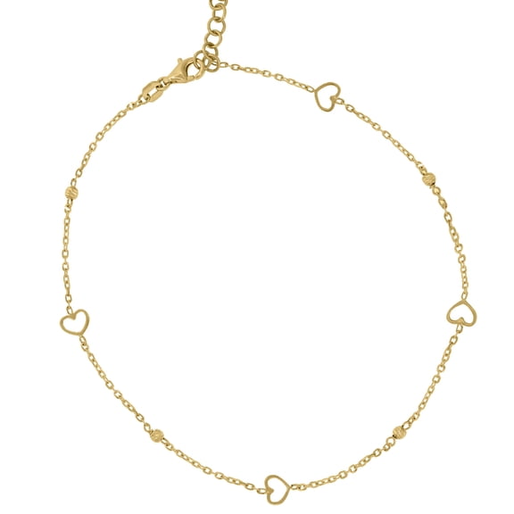 14K Yellow Gold Women's Station D/C Bead & Open Heart Charm Anklet 9.5" + 1" Ext