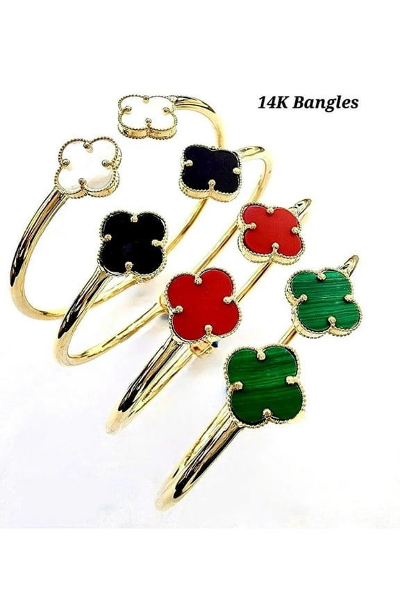 14K Yellow Gold Womens Bangle Bracelet for Ladies Clover Good Luck Piece 7.5g