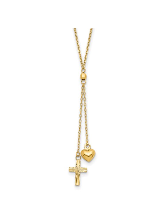 14K Yellow Gold Y-Shape Necklace with Polished Heart and Etched Cross Charms on Delicate Chain Minimalist Spiritual Jewelry for Women Elegant Religious Pendant with Classic Contemporary Design