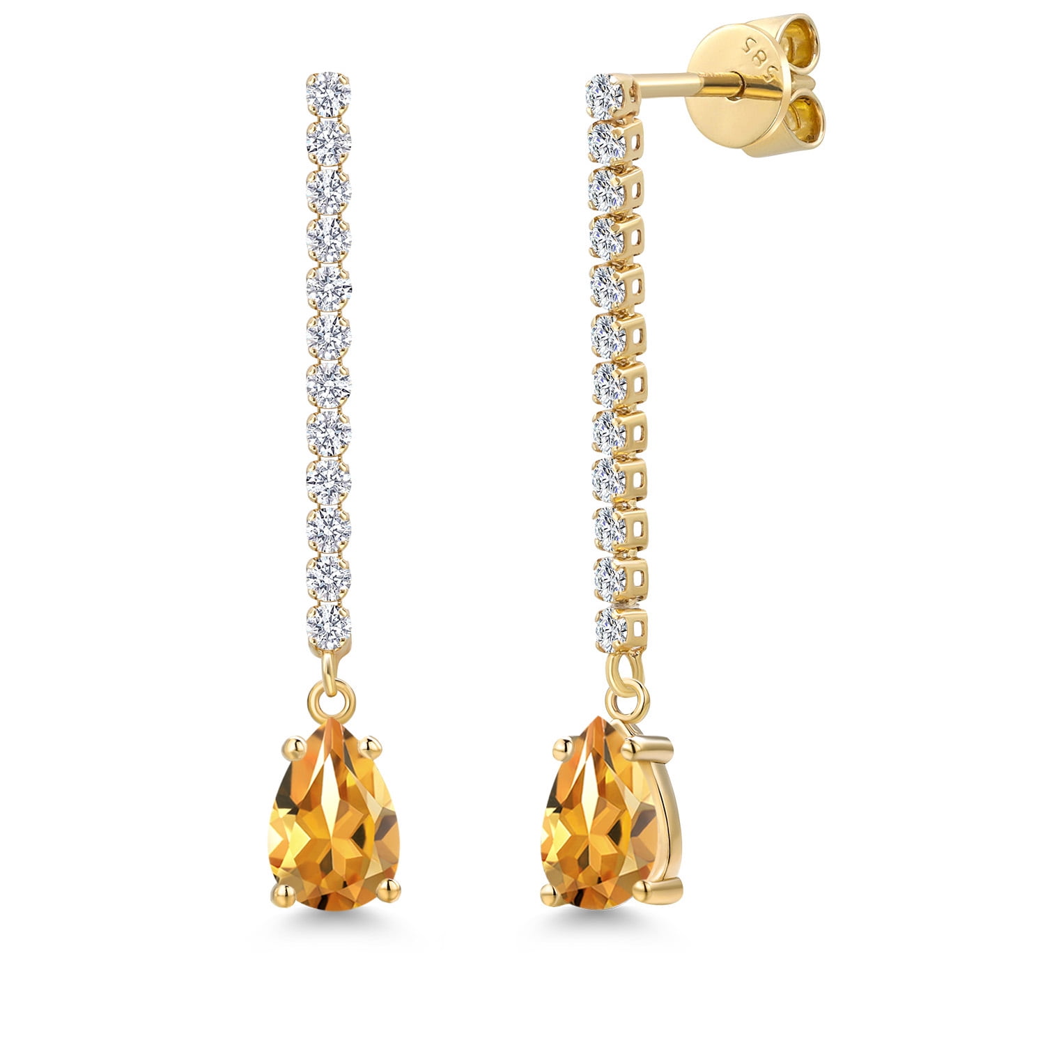 14K Yellow Gold Yellow Citrine and White Lab Grown Diamond Long Liner Dangle Earrings for Women | 2.04 Cttw | Gemstone November Birthstone | Pear Shape 7X5MM | White Gold Chain Drop Earrings