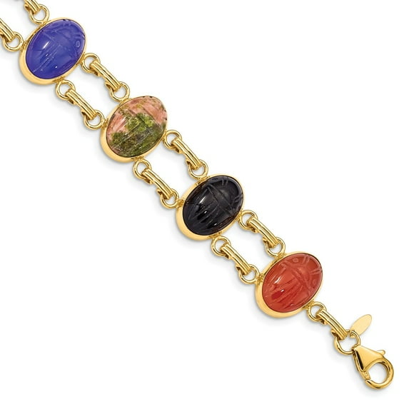 14K Yellow Gold bracelet Scarab Carnelian Onyx Multi-color Tiger's Eye 7 in 15 mm