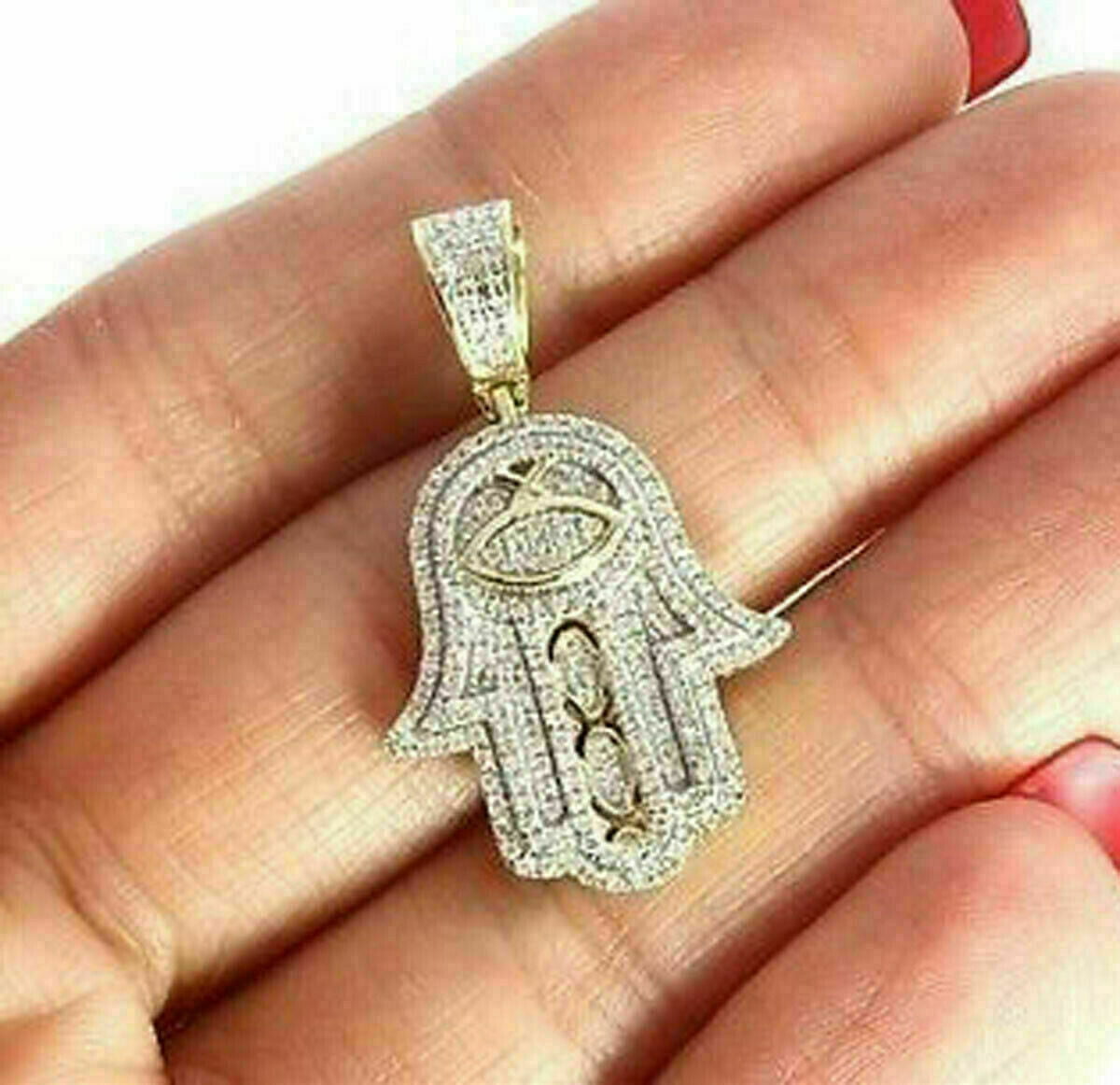 SAJEWELS 14K Yellow Gold over Round Cut Diamond Micro Pave Hamsa Hand Charm Pendant 2 Ct