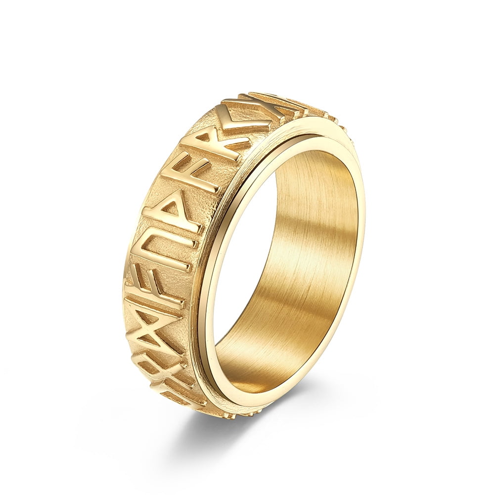 14K Yellow Gold soldier rotating viking rune ring men nordic myth ...