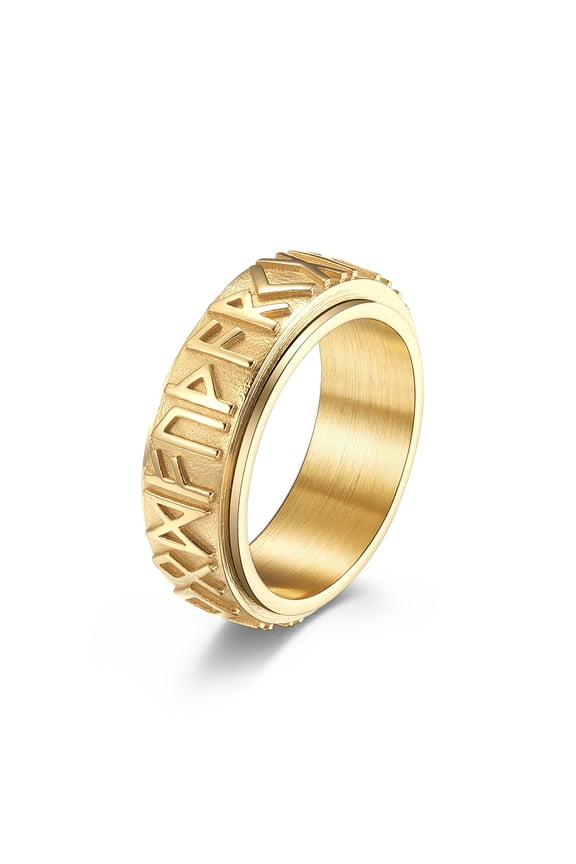 14K Yellow Gold soldier rotating viking rune ring men nordic myth religious jewelry