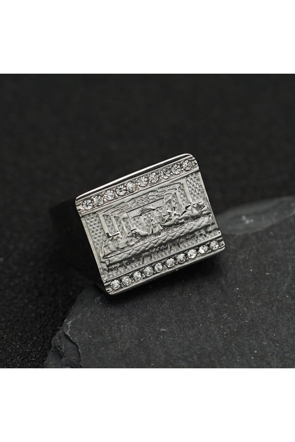 14K Yellow Gold the Last Supper Dinner Painting Luxury Hip Hop Square Rings for Men Women Gift Jewelry