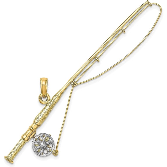 14K Yellow Gold w/Rhodium 3-D Fly Rod Fishing Pole Charm - 18.3mm