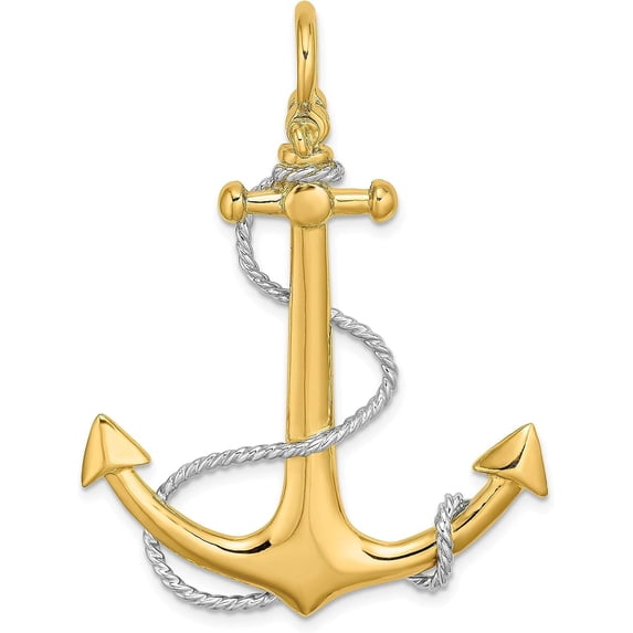 14K Yellow Gold w/Rhodium 3-D Large Anchor w/Rope and Shackle Bail Charm - 48mm