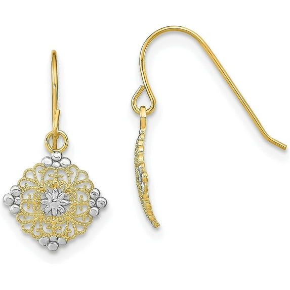 14K Yellow Gold w/Rhodium Diamond Cut Center Mini Filigree Medallion Earrings - 19.5mm