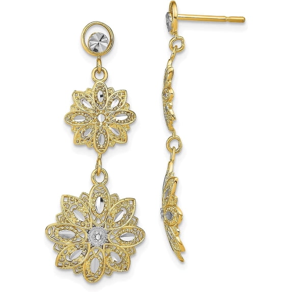 14K Yellow Gold w/Rhodium Diamond Cut Filigree Floral Post Dangle Earrings - 37mm