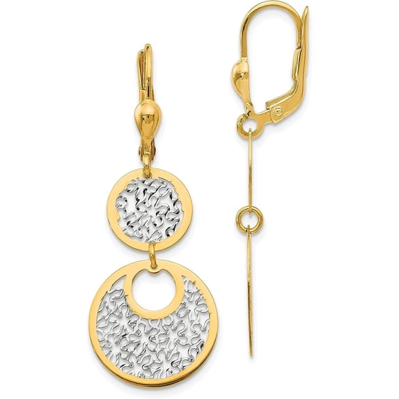14K Yellow Gold w/White Rhodium Polished and Textured Leverback Earrings - 42mm