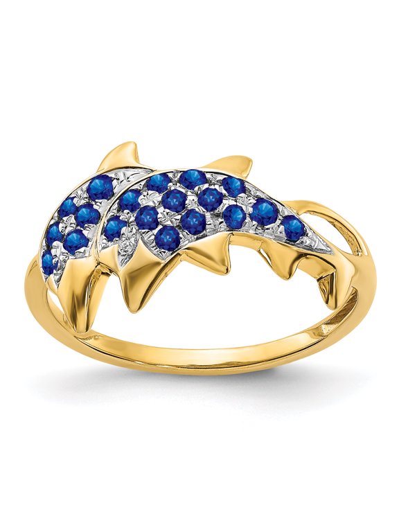 14K Yellow Gold with Rhodium Diamond & Sapphire Polished Dolphins Ring Size 7