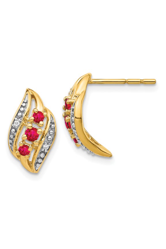 14K Yellow Gold with Siam Ruby & Diamond Polished Post Dangle Earrings