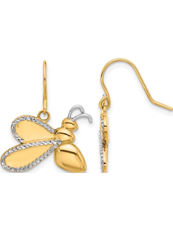 14K and White Rhodium Diamond-cut Large Bee Dangle French Hook Earrings