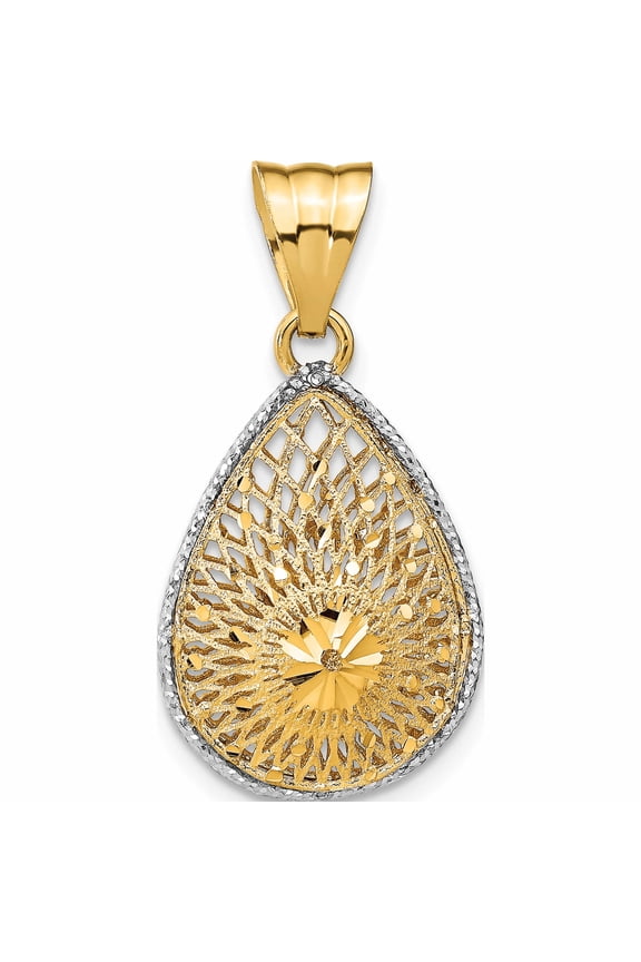 14K Yellow & Rhodium Jbsp's Rhodium-Plated D/C Filigree Teardrop Pendant (30.65 X 15) Made In Italy -Jewelry By Sweet Pea