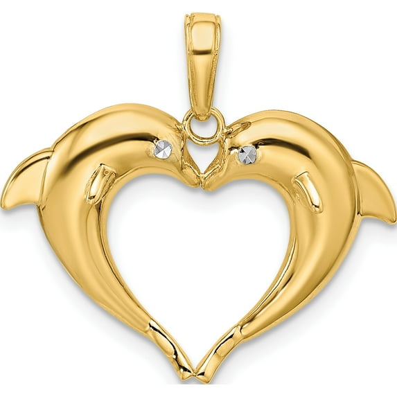 14K Yellow & Rhodium W/Rhodium Double Dolphin Heart Pendant (Width 25.24) (Length 23.4) - Jbsp