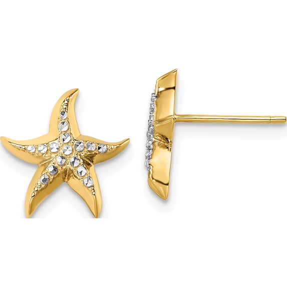 14K Yellow & Rhodium W/Rhodium Starfish Post Earrings (Width 11.9) (Length 11.9) - Jbsp