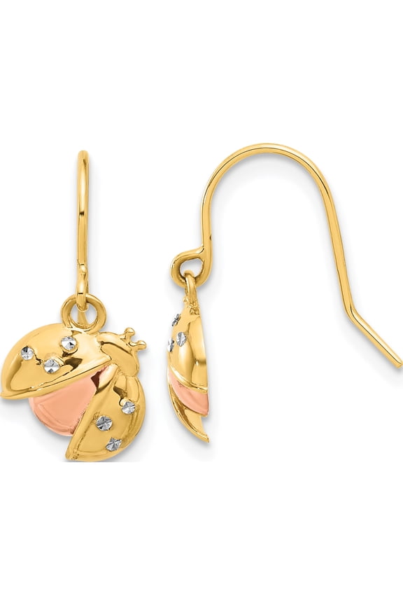 14K with Rose and White Rhodium Diamond-cut Ladybug Dangle French Hook Earrings