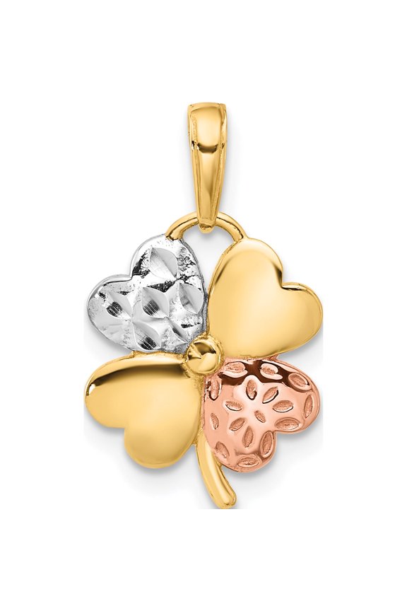 14K Yellow & Rhodium W/Rose And White Polished D/C Clover Pendant (Width 13) (Length 20.5) - Jbsp