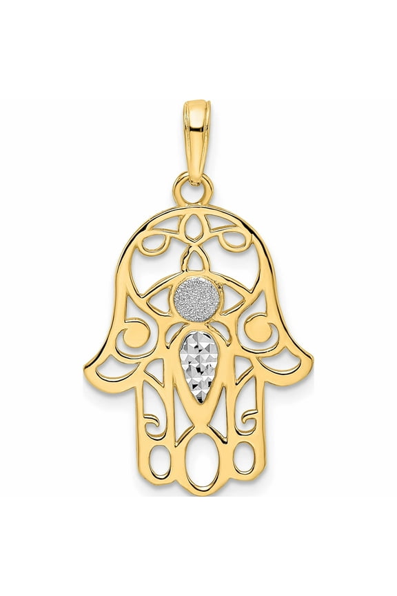 14K Yellow & Rhodium White D/C Evil Eye Hamsa Pendant (30.87 X 17.94) Made In Peru -Jewelry By Sweet Pea