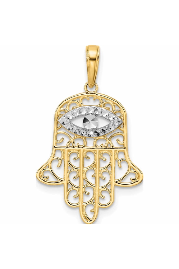 14K Yellow & Rhodium White D/C Filigree Evil Eye Hamsa Pendant (29.43 X 17.57) Made In Peru -Jewelry By Sweet Pea