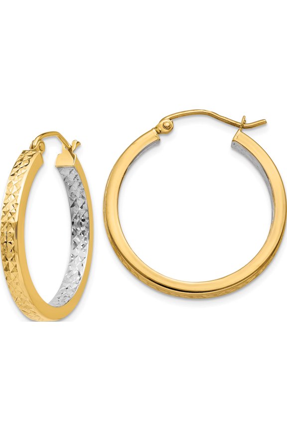 14K White Rhodium Light Square Diamond Cut Hoop Earrings