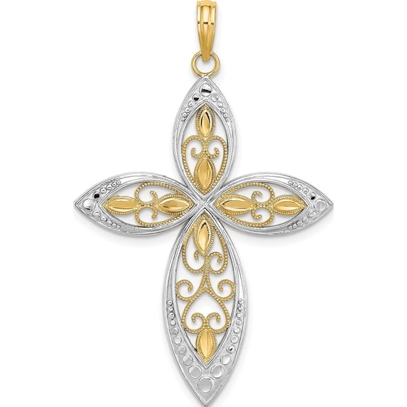 14K Yellow & Rhodium With Beaded Filigree Cross Charm Made In United States k9368