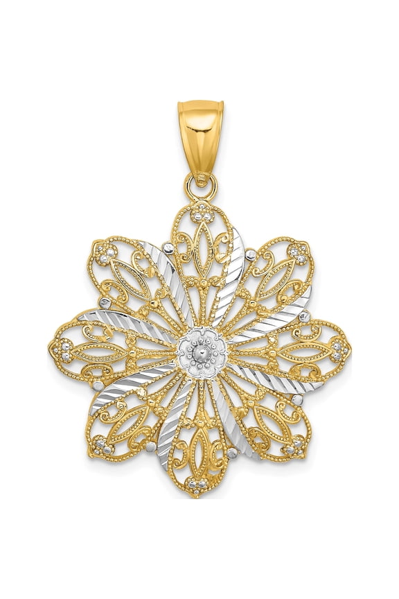14K Yellow & Rhodium With D/C Flower Charm (32.5 X 26.5) Made In United States k9256