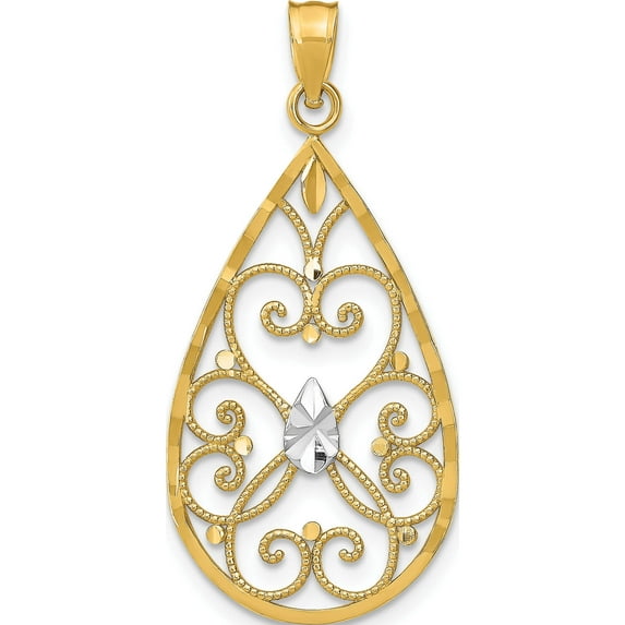 14K Yellow & Rhodium With Heart Beaded Filigree D/C Teardrop Charm Made In United States k9478