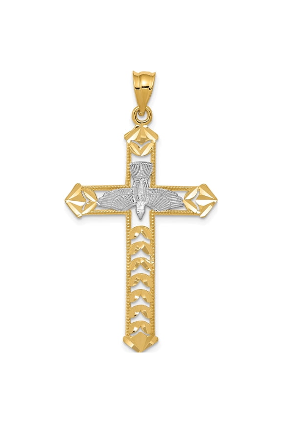 14K Yellow & Rhodium With Polished Diamond-Cut Dove Cross Pendant (44.09 X 24.02) Made In United States k6278
