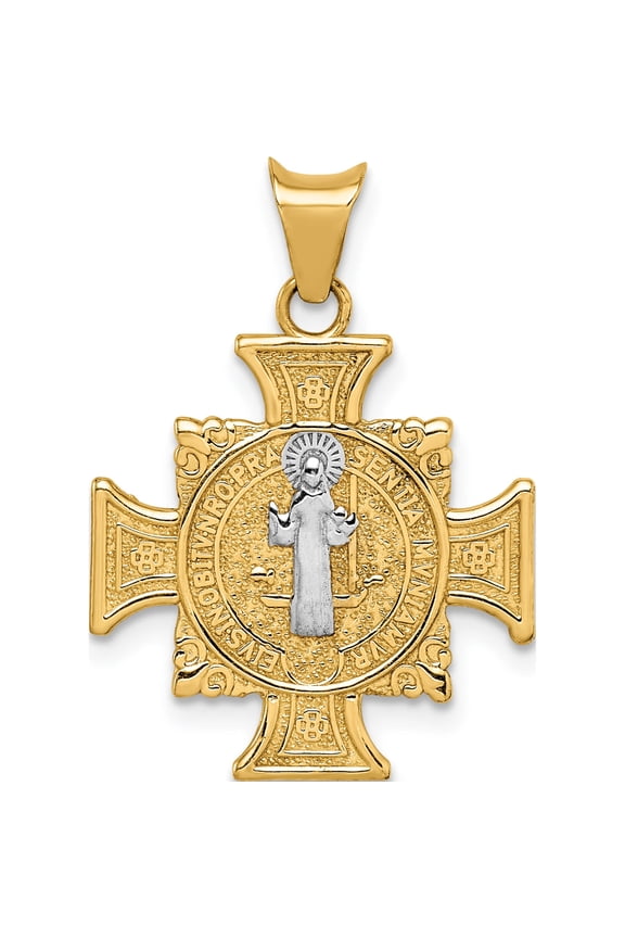 14K and White Rhodium Semi-solid St. Benedict Cross Pendant