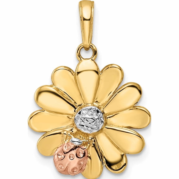 14K Yellow & Rhodium With White And Rose Diamond-Cut Ladybug On Flower Pendant (24.34 X 16.88) Made In Peru -Jewelry By Sweet Pea