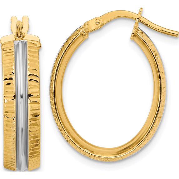 14K Yellow & Rhodium With White Center Polished Oval Hoop Earrings (22.67 X 17.48) Made In Italy tf2037