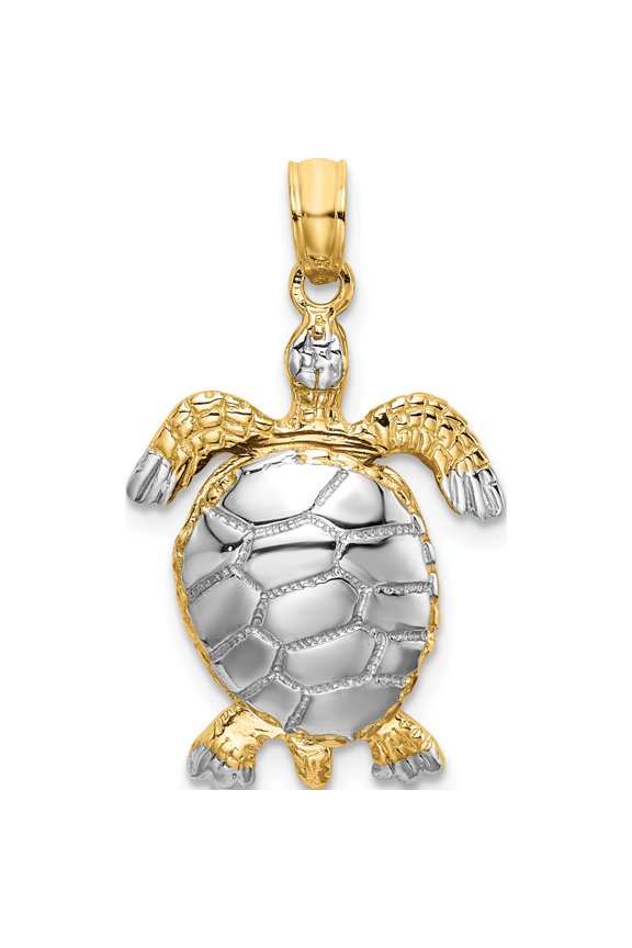 14K and White Rhodium Polished 3-D Sea Turtle with Moveable Head and Legs Charm