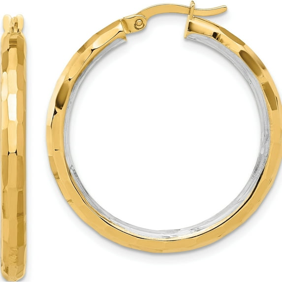 14K Yellow & Rhodium With White Polished And Diamond-Cut Hoop Earrings (Width 31.3) (Length 33.5) - Jbsp