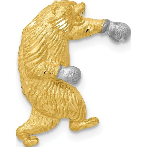14K Yellow & Rhodium With White Satin D/C Boxing Bear Chain Slide (19 X 15) Made In United States k6009