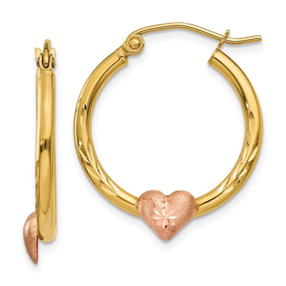 14K Yellow & Rose Gold Diamond-Cut Pink Heart Hoop Earrings