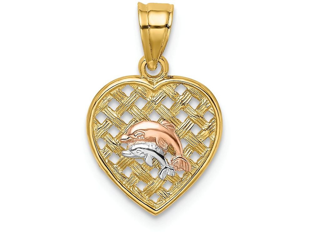 FINEJEWELERS 14K Yellow Rose Gold White Rhodium 2 Dolphins in Basket Woven Wieve Design Heart Charm Pendant