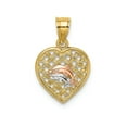 thumbnail image 1 of 14K Yellow Rose Gold White Rhodium 2 Dolphins in Basket Woven Wieve Design Heart Charm Pendant, 1 of 4