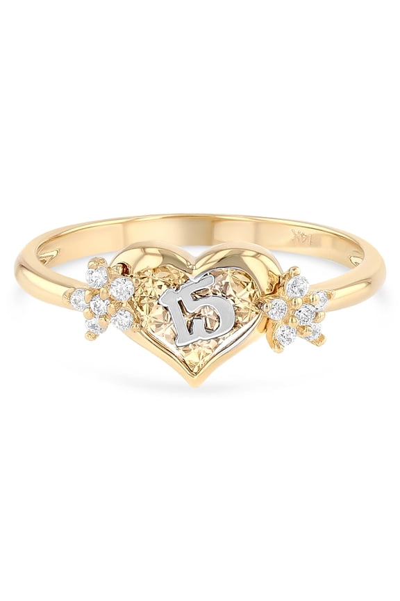 14K Yellow Solid Gold 15 Years Quinceanera Birthday Cubic Zirconia CZ Heart Ring - size 8