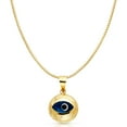 thumbnail image 1 of 14K Yellow Solid Gold Blue Evil Eye Fluted Round Charm Pendant with 1mm Box Chain Necklace - 16", 1 of 4