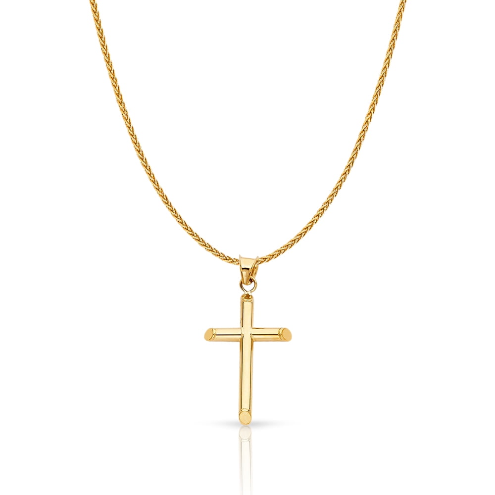 14K Yellow Solid Gold Classic Cross Charm Pendant with 1.1mm Wheat Chain Necklace - 22"