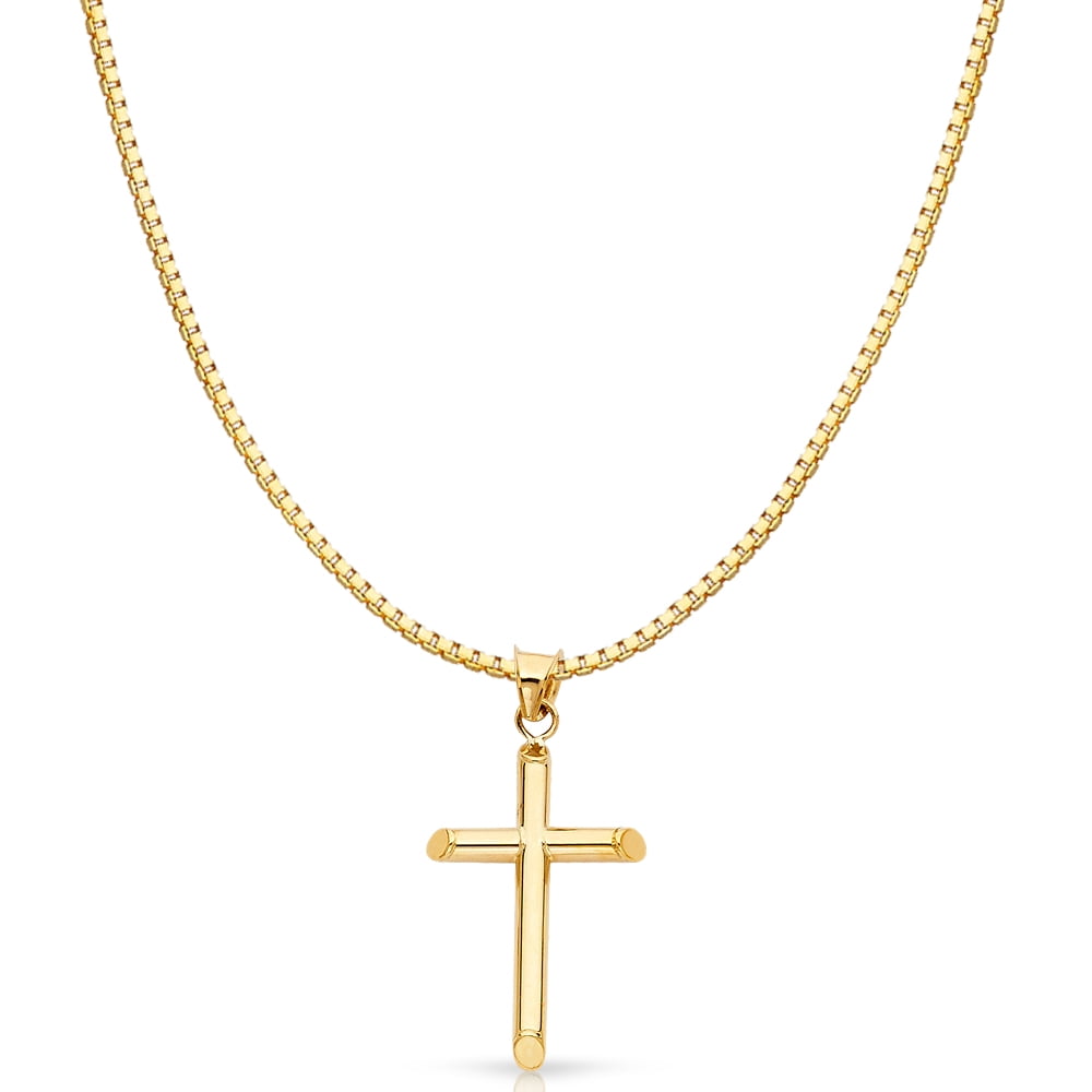 14K Yellow Solid Gold Classic Cross Religious Charm Pendant with 1mm Box Chain Necklace - 24"