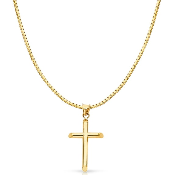 14K Yellow Solid Gold Classic Cross Religious Charm Pendant with 1mm Box Chain Necklace - 24"