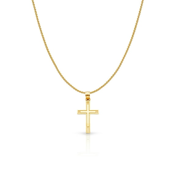 14K Yellow Solid Gold Cross Charm Pendant with 0.9mm Wheat Chain Necklace - 20"
