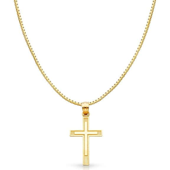 14K Yellow Solid Gold Cross Religious Charm Pendant with 1mm Box Chain Necklace - 18"